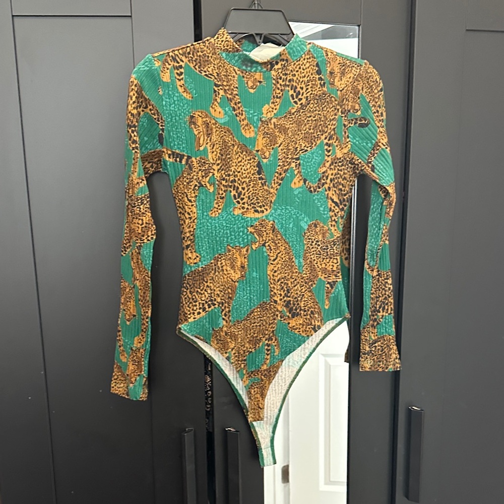 FARM Rio Green and Brown Leopard Bodysuit